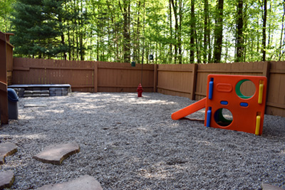 The outdoor play area for Homestead Dogs Dog Boarding and Kenneling.