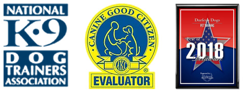 Icons for The National Dog Trainers Association; AKC Canine Good Citizen Evaluator; and Best Delaware Dog Trainer in 2018.