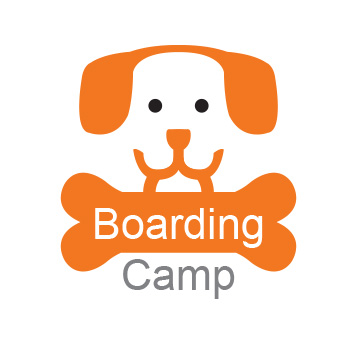 Dog boarding camp icon with dog illustration shown with bone shaped suitcase in mouth