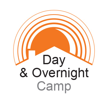 Day and overnight dog camp icon showing rooftop silhouette with sun in background