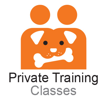 Private dog training icon showing two human silhouettes together with a dog illustrationn spanning boths torsos
