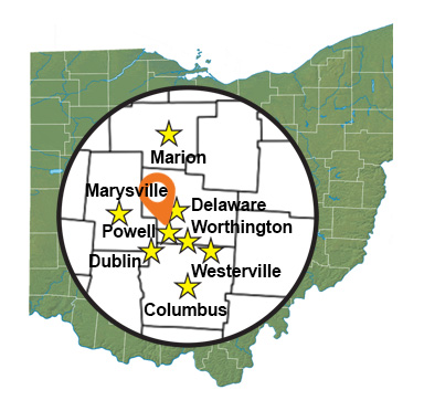 Close up of central Ohio counties and cities over top illustration of Ohio