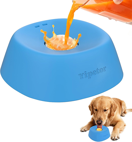 A dog and puppy lick bowl