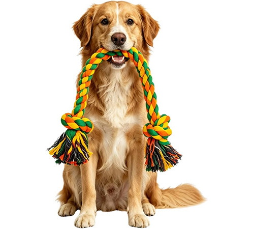 A Golden Retriever with a large fabric bone in his mouth