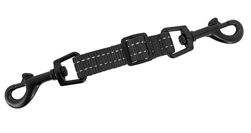 A short dog leash connector with two metal clasps